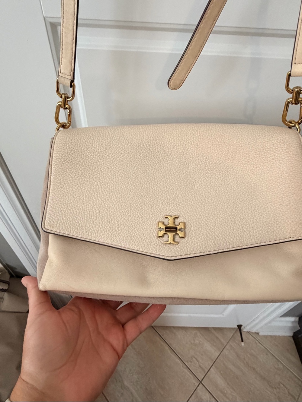 Tory Burch Cream Leather & Suede Crossbody Shoulder Bag Gold Hardware